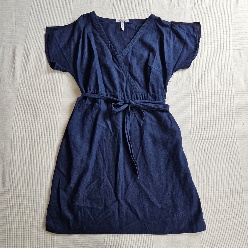 Bravissimo Curvy Navy Blue Linen Blend Wrap Dress Size 10 Euro Summer 90s